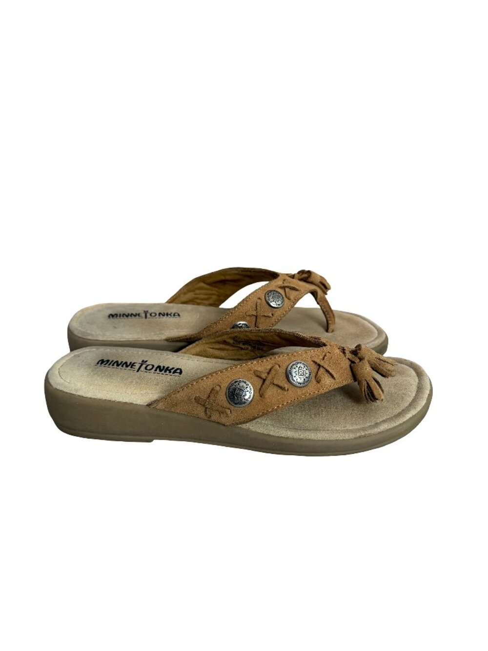 Minnetonka Tan Suede Concho Sandals Flip Flops Wedge Crisscross Size 7 Women's
